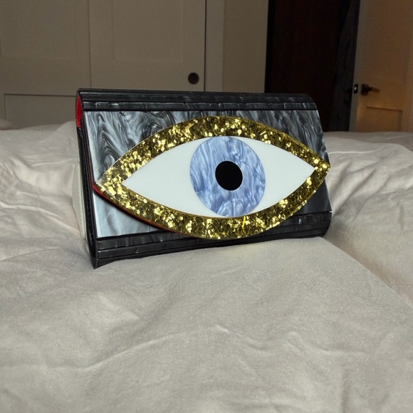 Kurt Geiger Black Clutch with Gold and Blue Eye Design - Picture 8 of 8